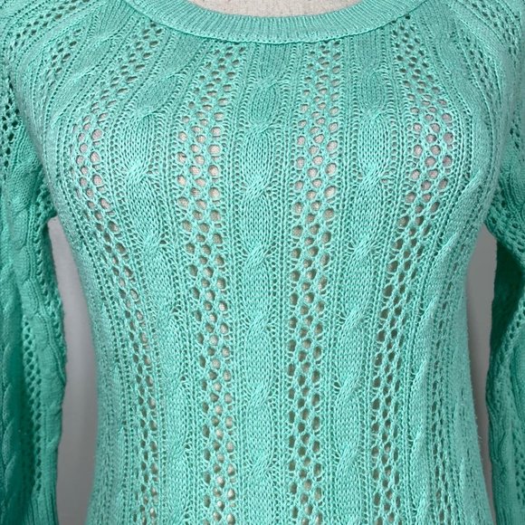 SO Teal Crew Neck Eyelet Embroidered Hem 3/4 Sleeve Pullover Sweater XS - Picture 6 of 12